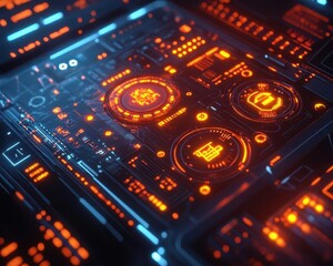 Fototapeta premium Detailed closeup of cybersecurity interface, glowing neon elements, dark background, hightech feel