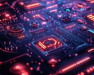 Obraz premium Detailed closeup of cybersecurity interface, glowing neon elements, dark background, hightech feel