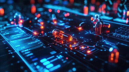 Obraz premium Digital drug development dashboard in futuristic setting, hightech visuals, glowing neon blue, sharp focus