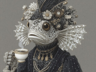 Anthropomorph fish enjoys espresso at a quaint cafe