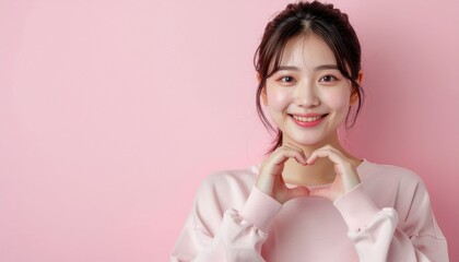 Smiling woman making heart gesture with hands on pink background

