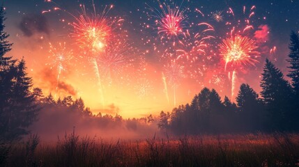 Vibrant fireworks above a peaceful forest clearing, nature celebration concept generative ai