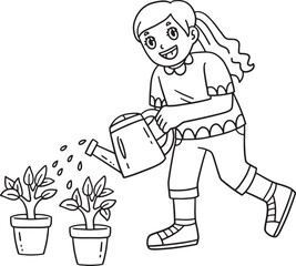 School Yard Girl Watering Plants School Isolated 