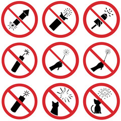 Set of Prohibition signs for fireworks, firecrackers, and pyrotechnics in red and black