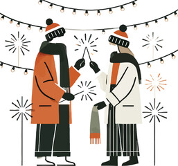 Two friends celebrating with sparklers under string lights during a winter celebration