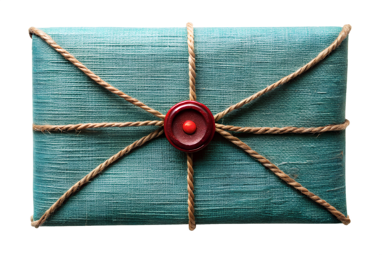 Teal Gift Package Tied with Twine and a Red Button Seal Vintage Rustic Style