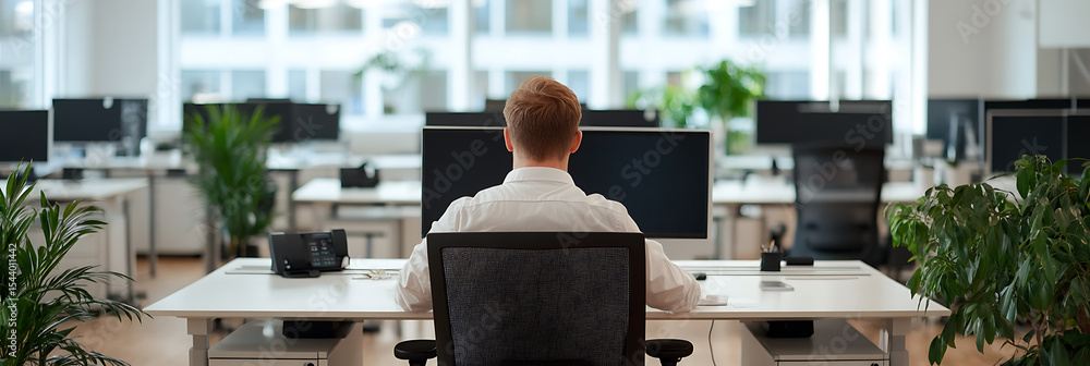 Poster office worker at desk, back view, in an open office area with many computers and greenery. focus on 