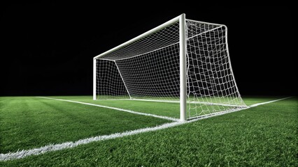 Soccer goal net on green grass field at night for sports background and soccer equipment concept design