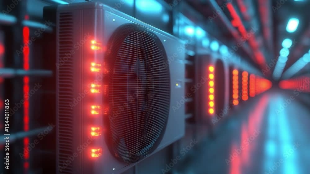 Poster Data Center Servers: Rows of powerful servers hum with activity in a modern data center, their cooling systems glowing with vibrant red and blue lights.