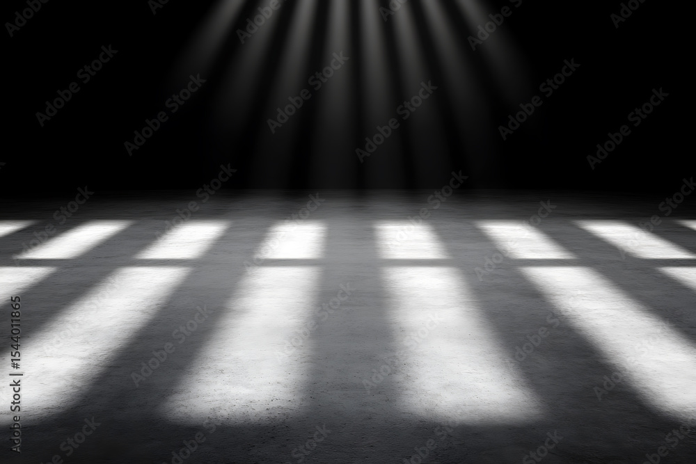 Poster rays of light through panes create patterns on the floor, illuminating the gray surface in an otherw