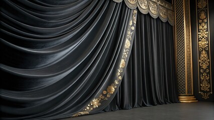 Elegant black velvet curtains with gold accents stage backdrop theater drapery photography background