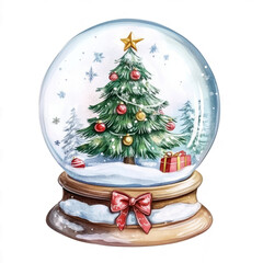 Christmas tree inside a snow globe, a watercolor illustration on a transparent background, clip art 