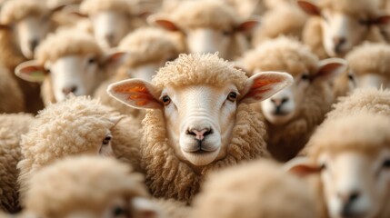 A crowd of fluffy sheep gaze at the camera in a calm rural setting, highlighting the beauty of nature and livestock while evoking feelings of tranquility and pastoral life.