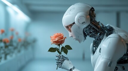 A futuristic robot gently holding a rose, representing the blend of technology and nature, exploring emotions and human-like traits in a serene, high-tech environment.