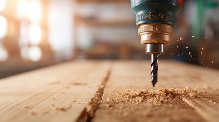 A close-up shot of a drill bit creating a hole in a wooden surface, showcasing the beauty of craftsmanship and woodworking techniques in a well-lit workshop environment.