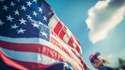 Naklejka premium Girl waving an American flag, independence celebration, generative ai