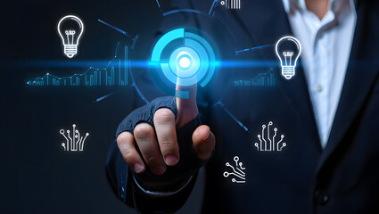 A businessman interacts with a futuristic digital interface showcasing innovation technology charts and ideas for business growth and strategic planning.