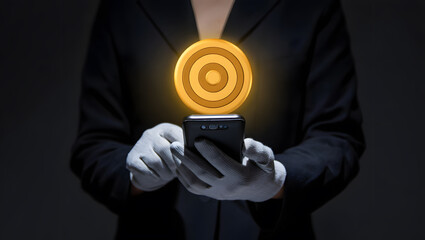 A person in a suit uses a smartphone displaying a glowing target icon signifying precise goal achievement and business success strategy via digital marketing technology.