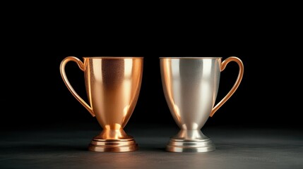 A pair of shiny metallic trophies, one bronze and another silver, symbolizes achievement and recognition, designed with elegance and craftsmanship for award ceremonies.