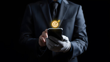 Businessman in a suit pressing a button with his hand, conceptualizing technology and communication