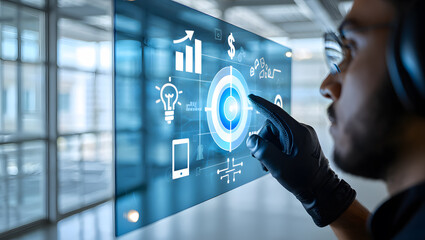 DJ and businessman at a futuristic office, hands on a digital screen, celebrating global success with virtual technology