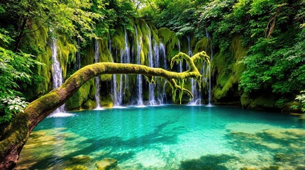 Vibrant turquoise waters flow beneath a lush mossy waterfall in a verdant forest scene
