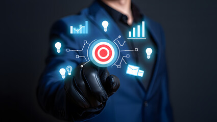 A businessman in a blue suit uses a futuristic interface to achieve business goals, showcasing strategic planning, data analysis, and innovative ideas for success.
