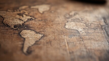 Naklejka premium An antique world map printed on a rustic wooden background, showcasing the elegance of exploration and adventure through its intricate details and earthy tones.