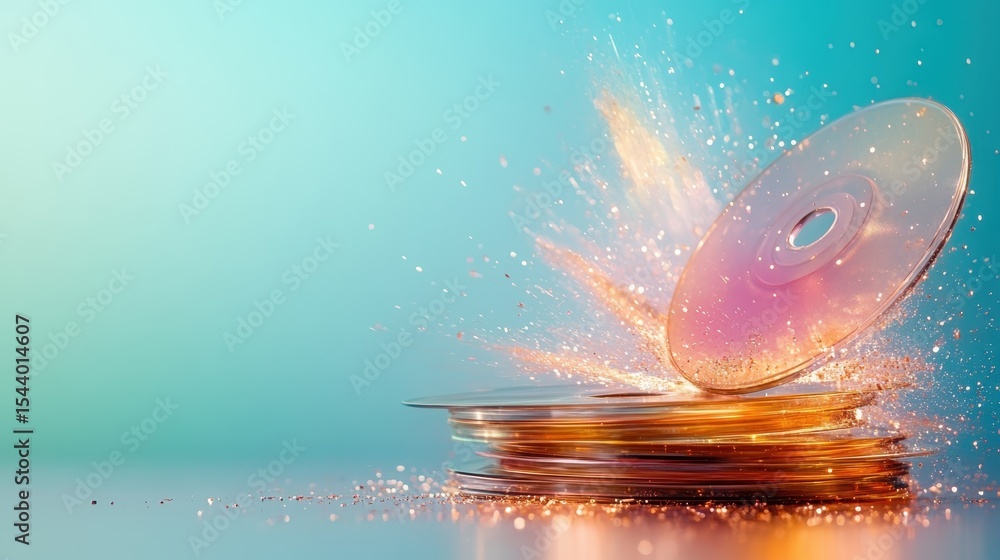 Poster this artistic representation showcases colorful cds bursting with sparkling energy, capturing the es
