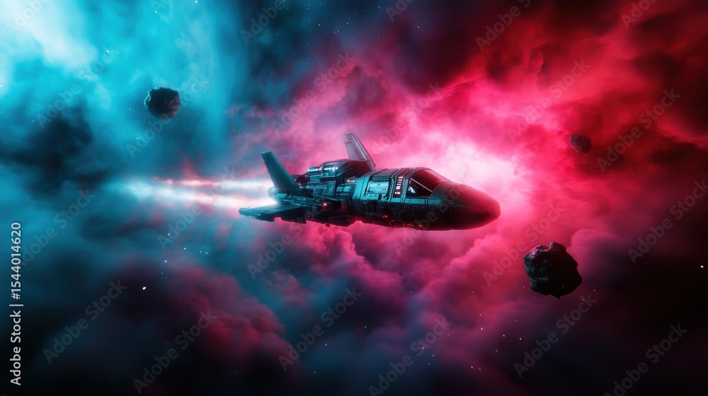 Poster an imaginative representation of a futuristic spacecraft soaring through a vibrant cosmic landscape,