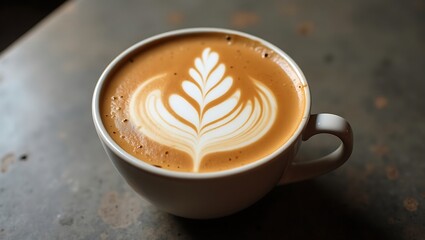 Latte art coffee cup on rustic table