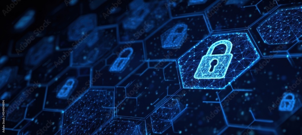 Poster abstract digital security background with hexagonal patterns and padlock icons, symbolizing network 