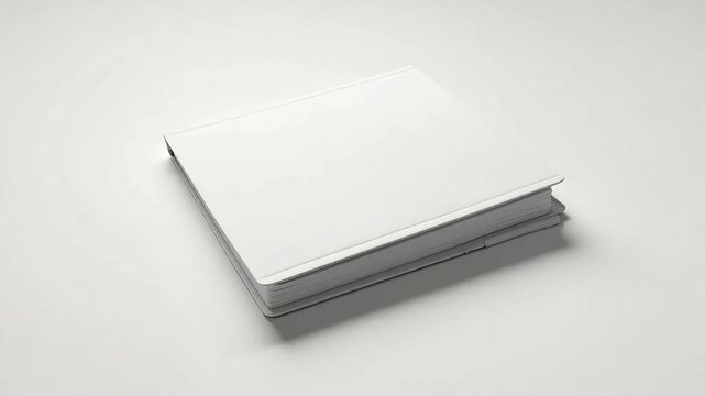 Minimalist white square book mockup, blank hardcover catalog on neutral background, clean paper portfolio for branding and publishing design
