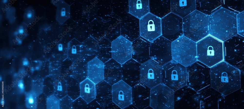 Poster a blue digital background with hexagons and padlock icons, representing security in cyberspace gener