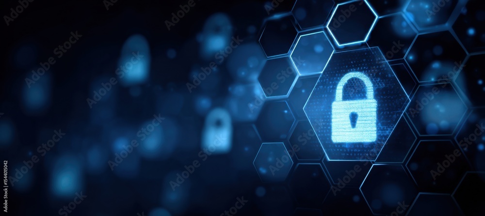 Poster blue digital background with hexagons and padlock icons, representing data security in the world of 