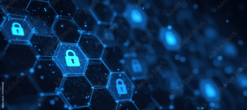 Poster a blue digital background with hexagons and padlock icons, representing cyber security or data prote