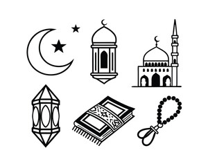 Fototapeta premium Islamic Religious Symbols Set Crescent Moon Star Mosque Lantern Quran Tasbih