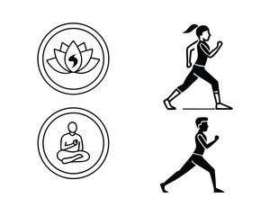 Wellness Icons Set Yoga Meditation Running Fitness Symbols