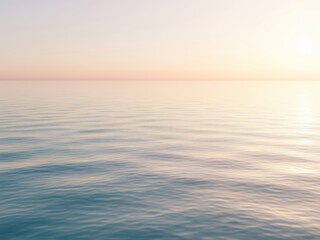 Obraz premium Calm sea with tiny ripples, distant horizon line, soft warm sunlight coming from the right, pastel tones throughout, empty and serene