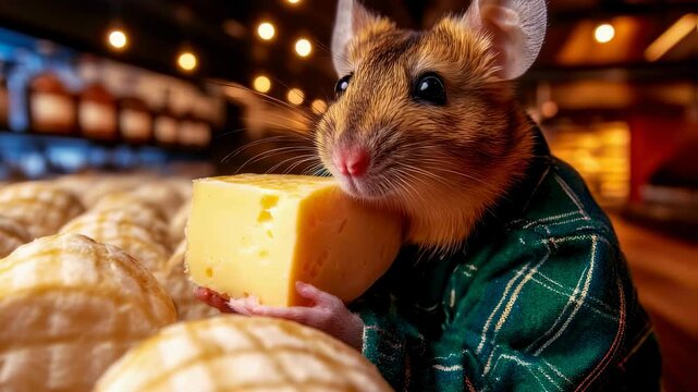 Curious mouse enjoying cheese in gourmet deli setting with warm lighting