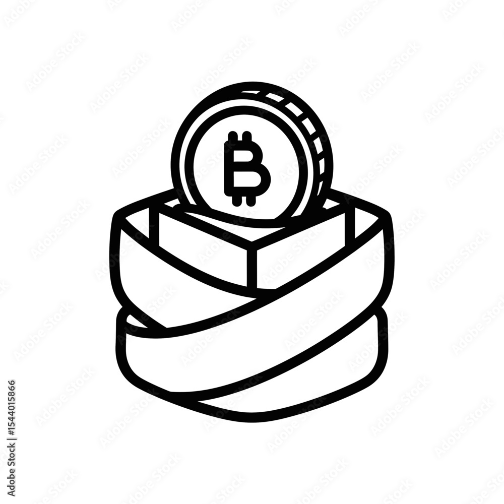 Poster blockchain technology icon with bitcoin coin in a box