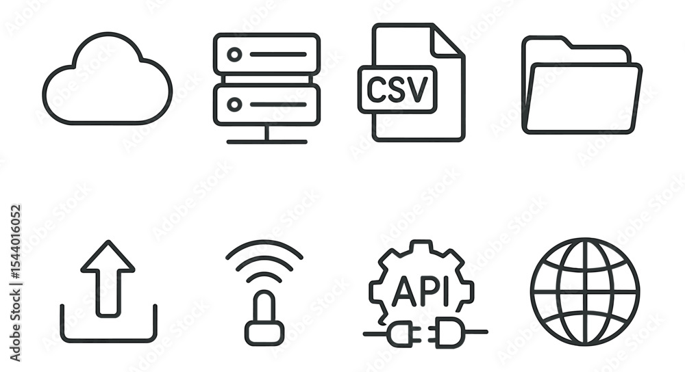 Poster technology data management line icon set. cloud, server, csv, file, upload icons