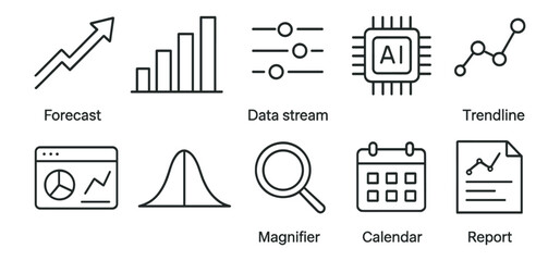 Obraz na płótnie Canvas Business, analytics line icon set. forecast, data stream, ai, trendline icons collection