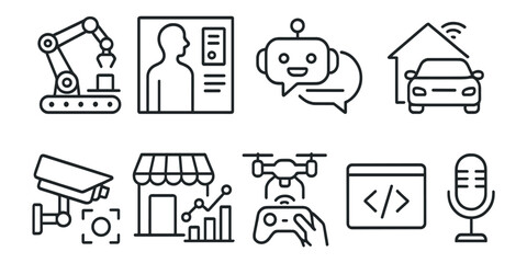 Fototapeta premium Technology, ai, automation line icon set. smart devices, robotics linear collection