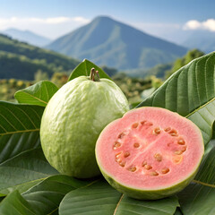 Image is a vibrant, high-resolution photograph featuring two guavas placed on a bed of lush green leaves. The guava on the left is whole, showcasing a smooth, light green skin with a slightly bumpy 