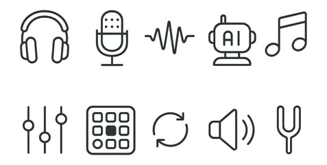 Fototapeta premium Music and audio outline icon set. headphones, microphone, ai sound icons collection