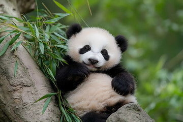 Resting panda with bamboo. The bear is seated, nestled among branches with lush green foliage, creating a peaceful scene of nature and relaxation.