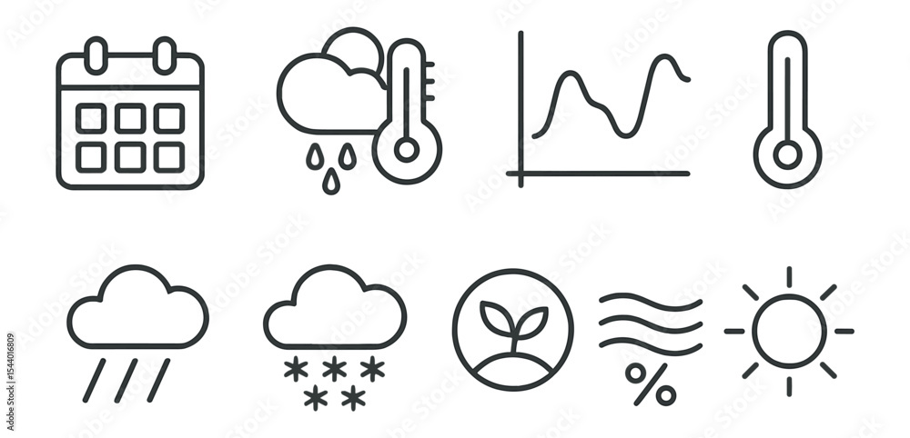 Poster weather and climate icon set: linear style icons for forecasting and meteorology