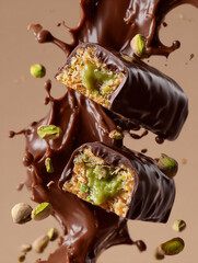 Dubai Chocolate Pistachio Bars with Kataifi Dough. Broken in half with rich, glossy melted chocolate coating and a golden crispy texture underneath, luxury food advertising style. AI Generative