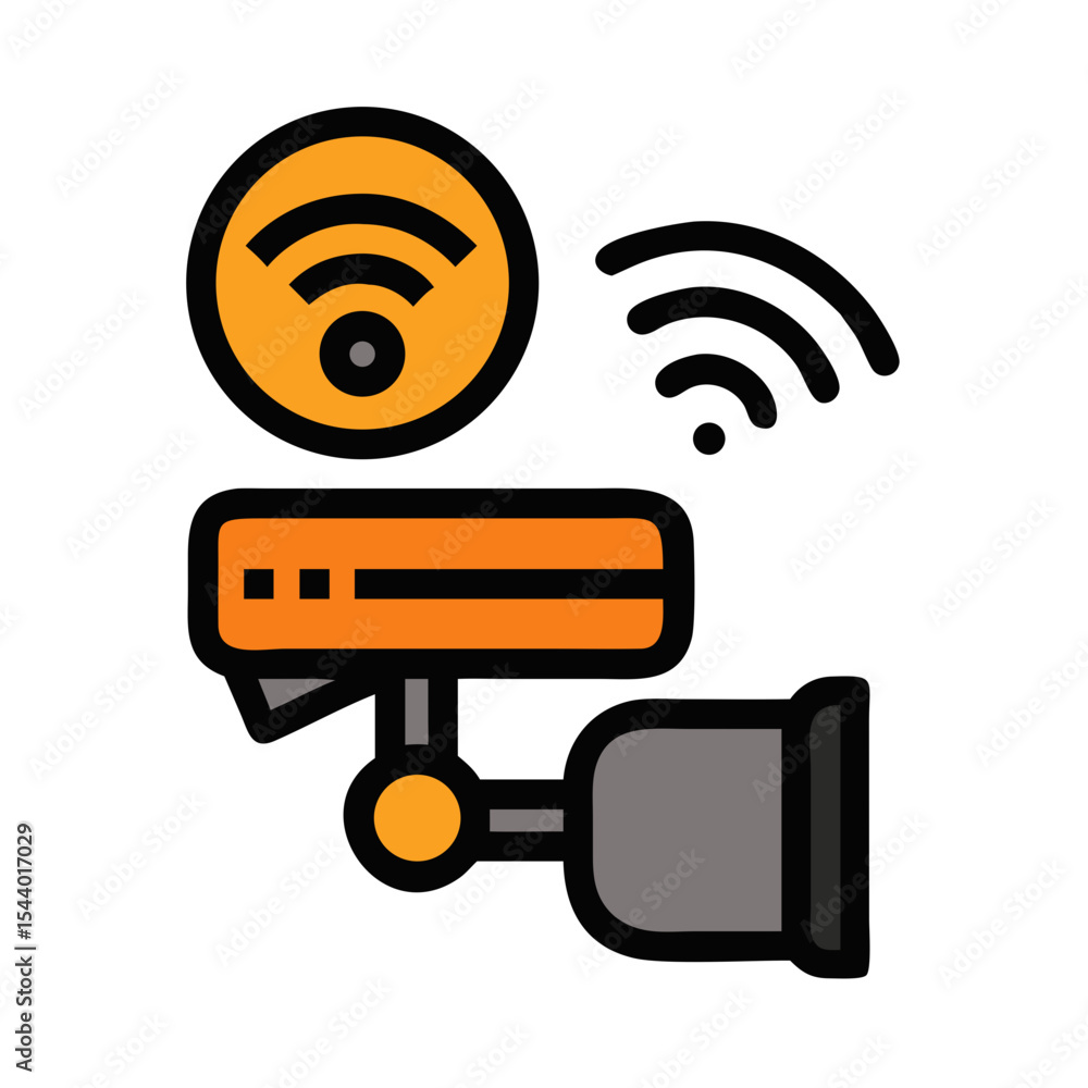 Poster wi-fi security camera icon featuring a surveillance camera with wireless signals for remote monitori